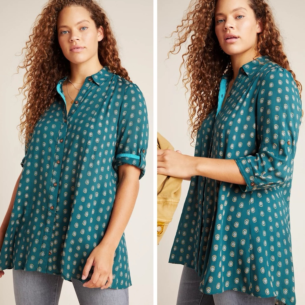 Maeve Anthropologie Woman Green Button Down Relax Tunic Top MEDIUM Classic
